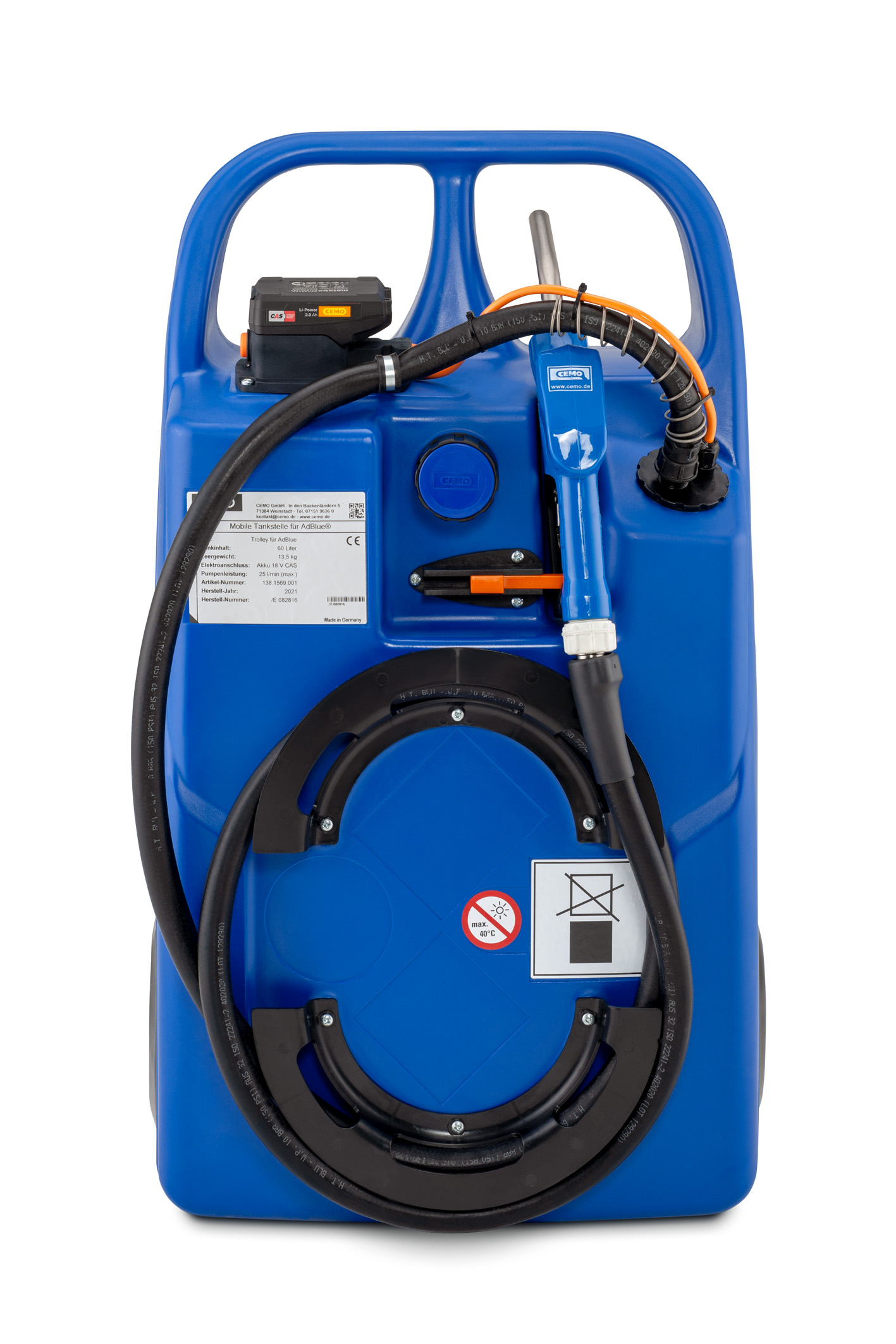 Trolley für AdBlue® (AUS32) mit Pumpe und CAS-Akkusystem | Ladegerät – 60 Liter