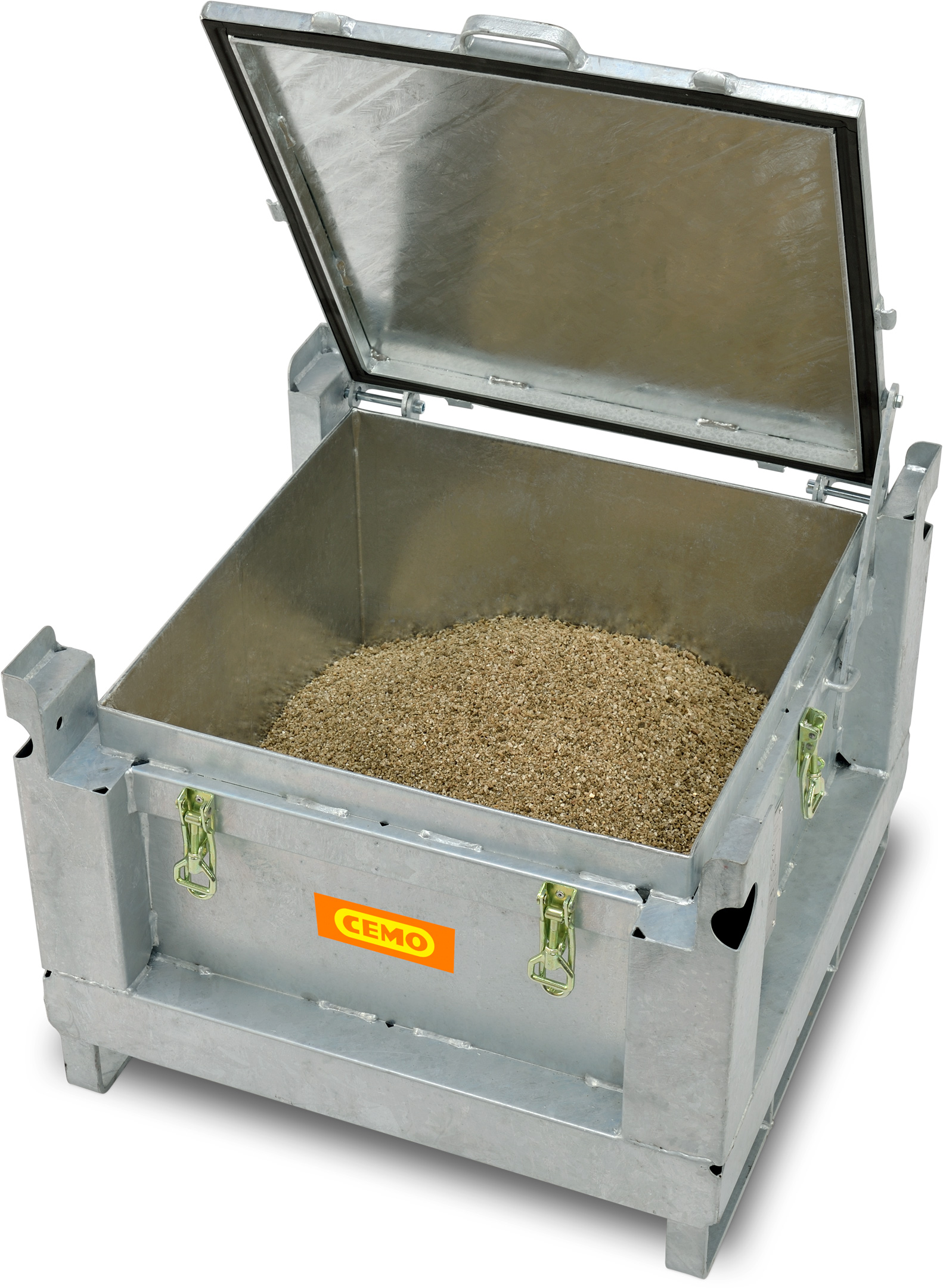 Akku-Stahlsammelbehälter feuerverzinkt mit arretierbarem Deckel – Beispiel Puffermaterial Vermiculite